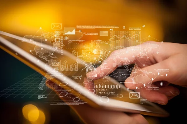 Fingers touching tablet with charts — Stock Photo, Image