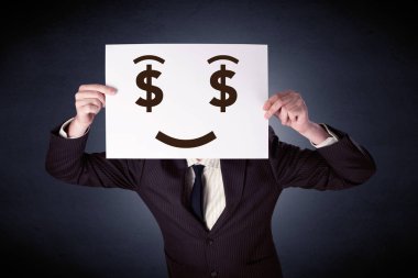 Aç gözlü duygu ile kağıt tutan işadamı 