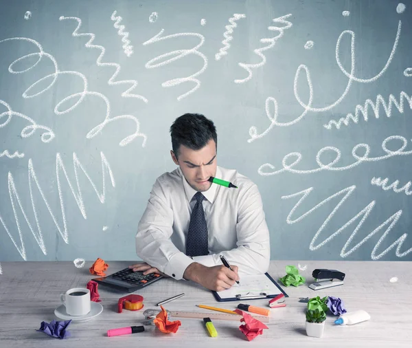 Tired office worker with drawn messy lines — Stock Photo, Image