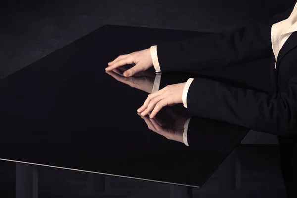 Close up of a hand touching smart table with copy space — Stock Photo, Image