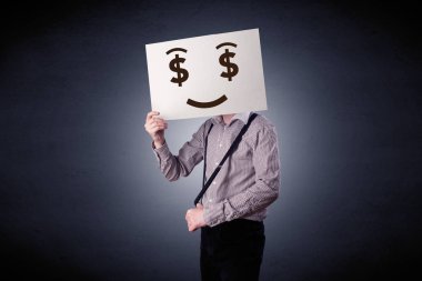 Aç gözlü duygu ile kağıt tutan işadamı 