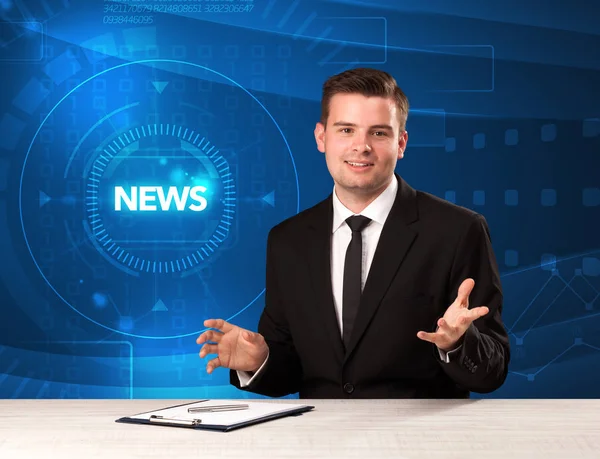 Modern televison presenter telling the news with tehnology backg — Stock Photo, Image