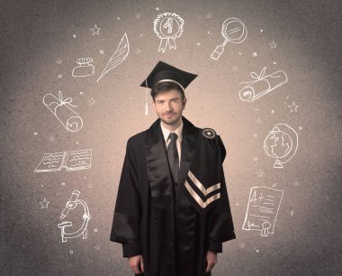 Elle çizilmiş okul ikonlarıyla mutlu bir öğrenci.