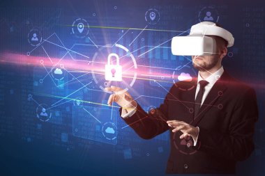 Adam ile 3d ağ kavramı kilidini Vr koruyucu gözlük