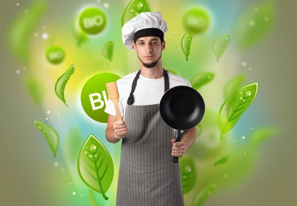 Bio leaves concept and cook portrait — Stock Photo, Image