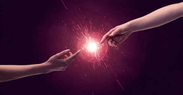 Touching hands light up sparkle in space — Stock Photo, Image