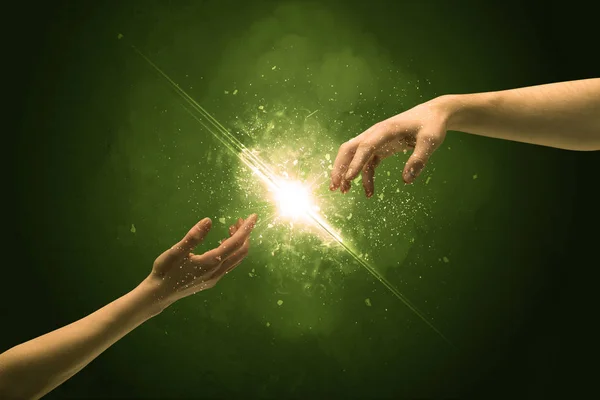 Touching arms lighting spark at fingertip — Stock Photo, Image