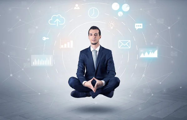 Businessman levitates with data circulation concept — Stock Photo, Image