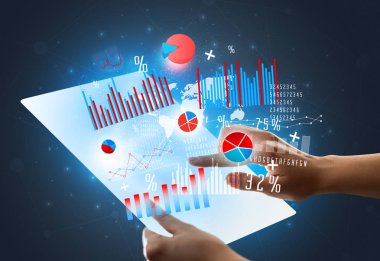 Hands touching a glass-like tablet with charts clipart