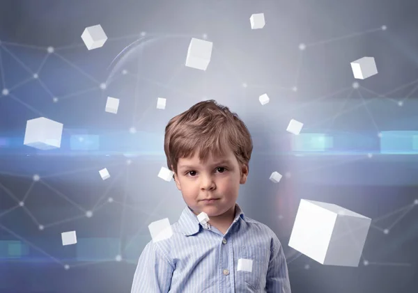 Enfant mignon avec des cubes lumineux autour — Photo