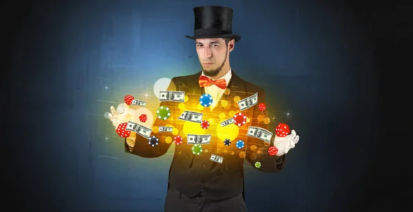 Illusionista evocare con il suo personale mano gioco d'azzardo — Foto Stock