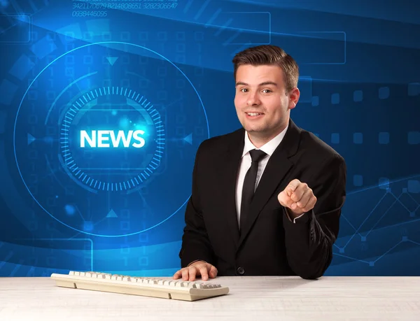 Modern televison presenter telling the news with tehnology backg — Stock Photo, Image