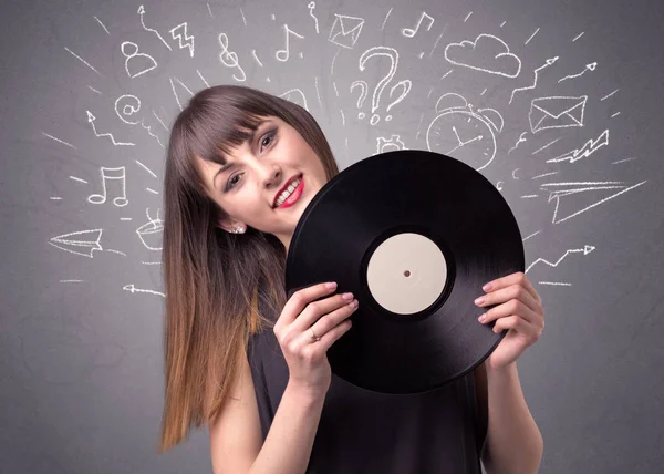 Lady vinyl record te houden — Stockfoto