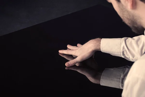 Close up of a hand touching smart table with copy space — Stock Photo, Image