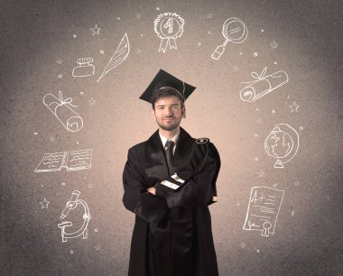 Elle çizilmiş okul ikonlarıyla mutlu bir öğrenci.