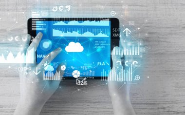 Tablet tutarak ve finantial rapor kavramı kontrol el