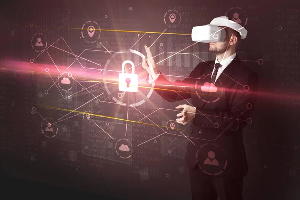 Adam ile 3d ağ kavramı kilidini Vr koruyucu gözlük
