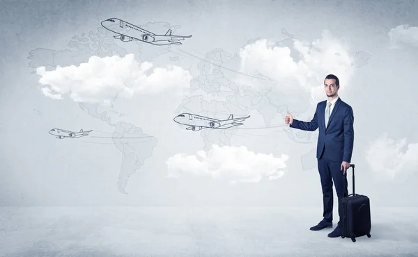 Empresário carona com aviões ao redor — Fotografia de Stock