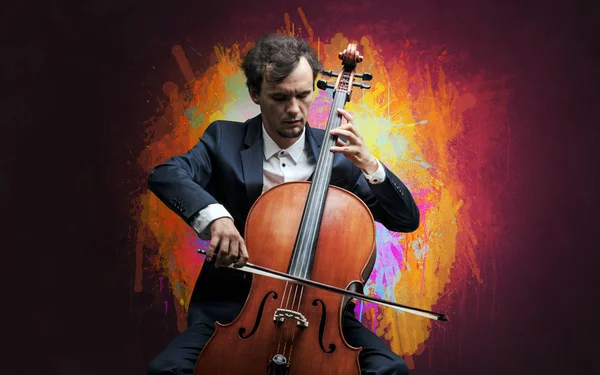 Composer with splotch and his cello — Stock Photo, Image