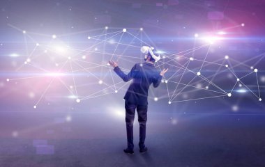 İşadamı vj gözlük ve bağlantı kavramı ile