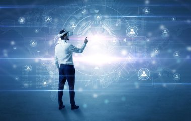 Bağlantı denetimi vj gözlüklü işadamı