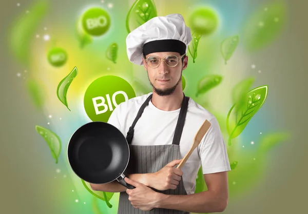 Bio leaves concept and cook portrait — Stock Photo, Image