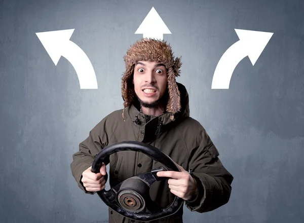 Man holding steering wheel — Stock Photo, Image