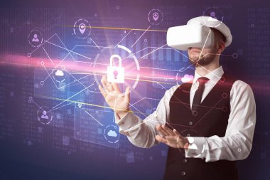 Adam ile 3d ağ kavramı kilidini Vr koruyucu gözlük