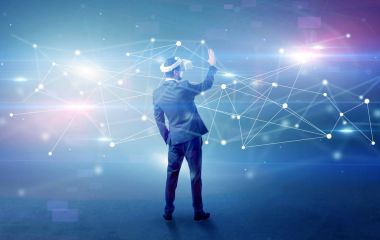 İşadamı vj gözlük ve bağlantı kavramı ile