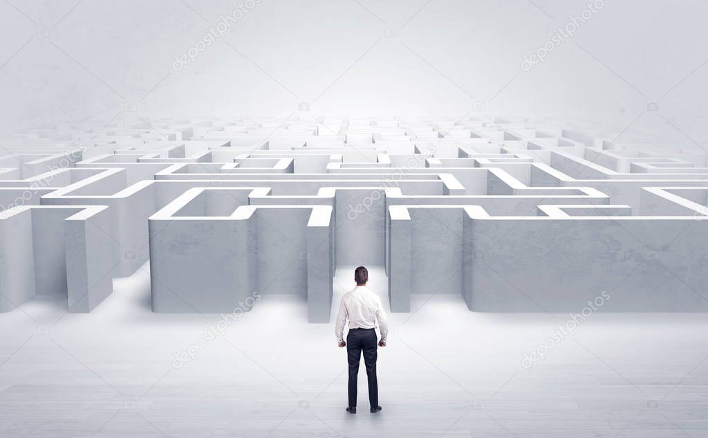 Businessman choosing between entrances at the edge of a maze
