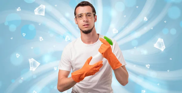 Blue diamond graphic and cleaning boy — Stock Photo, Image