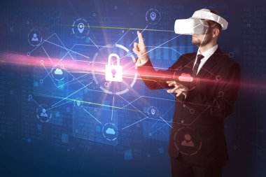 Adam ile 3d ağ kavramı kilidini Vr koruyucu gözlük