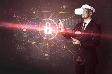 Adam ile 3d ağ kavramı kilidini Vr koruyucu gözlük