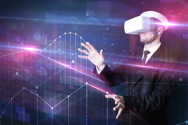 Man standing with VR goggles and graphs charts — Stock Photo, Image