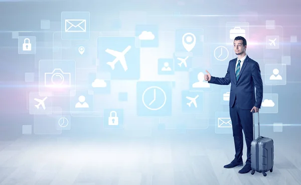 Businessman departs to a business trip with symbols — Stock Photo, Image