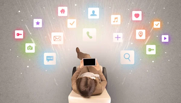 Application icons with woman using tablet — Stock Photo, Image