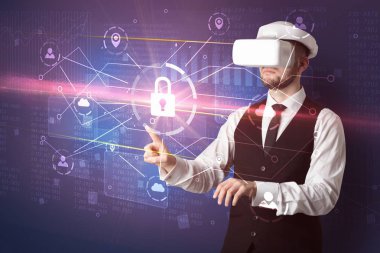 Adam ile 3d ağ kavramı kilidini Vr koruyucu gözlük