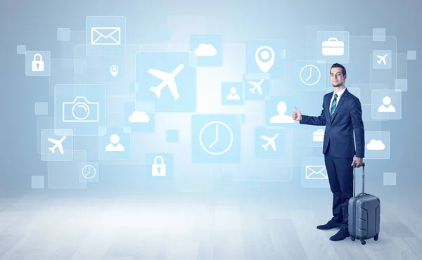 Businessman departs to a business trip with symbols — Stock Photo, Image