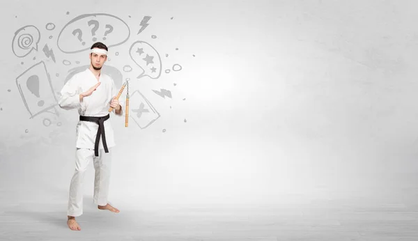 Karate tränare kämpar med doodled symboler koncept — Stockfoto