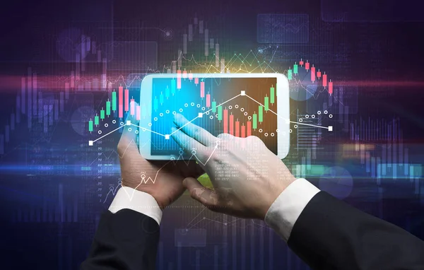 Hand holding tablet with global reports and stock market change concept — Stock Photo, Image