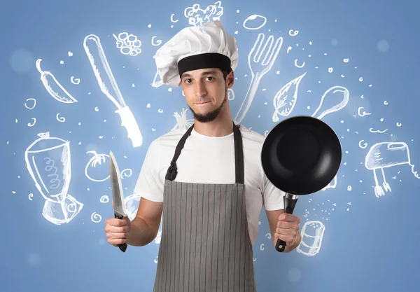 Jovem cozinheiro com giz desenho conceito de receita de sopa — Fotografia de Stock