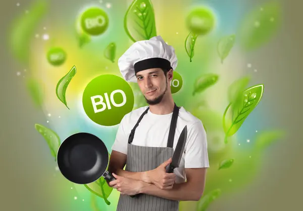 Bio bladeren concept en cook portret — Stockfoto