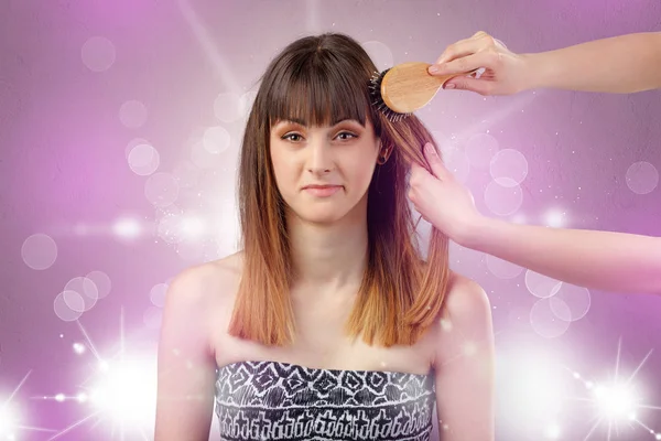 Young woman portrait with shiny pink salon concept — Stock Photo, Image