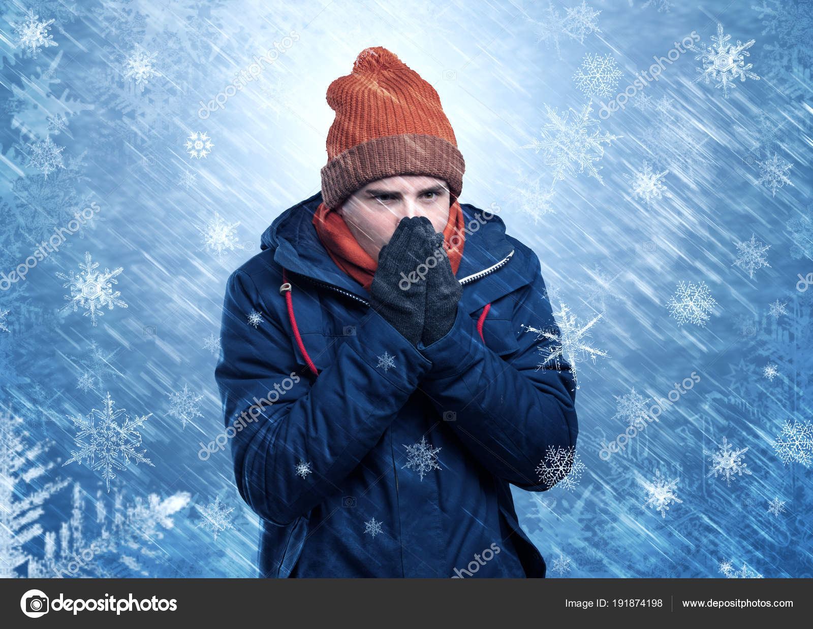 Boy freezing in warm clothing and snowing concept ⬇ Stock Photo, Image