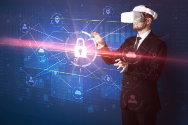 Adam ile 3d ağ kavramı kilidini Vr koruyucu gözlük