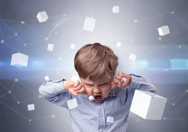 Lindo niño con cubos luminosos alrededor — Foto de Stock