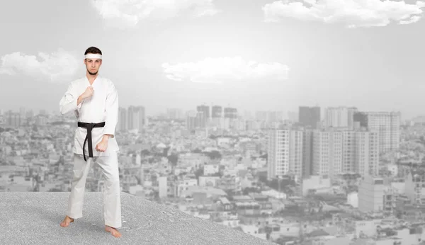 Karate man doing karate tricks  on the top of a metropolitan city