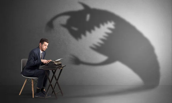 Hard worker afraid of scary monster — Stock Photo, Image