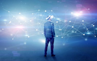 İşadamı vj gözlük ve bağlantı kavramı ile