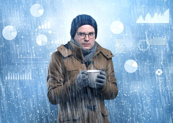 Young hipster shivering with graphs, reports and chart concept — Stock Photo, Image